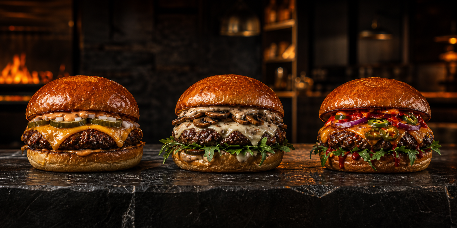 Trzy burgery premium na ciemnym blacie